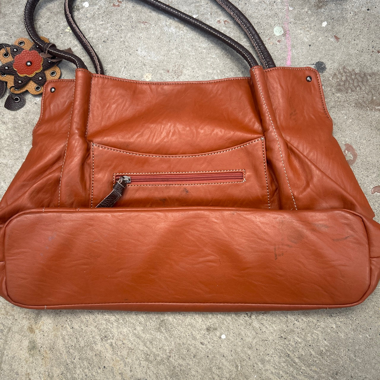 burnt orange brown faux leather flower detail shoulder bag