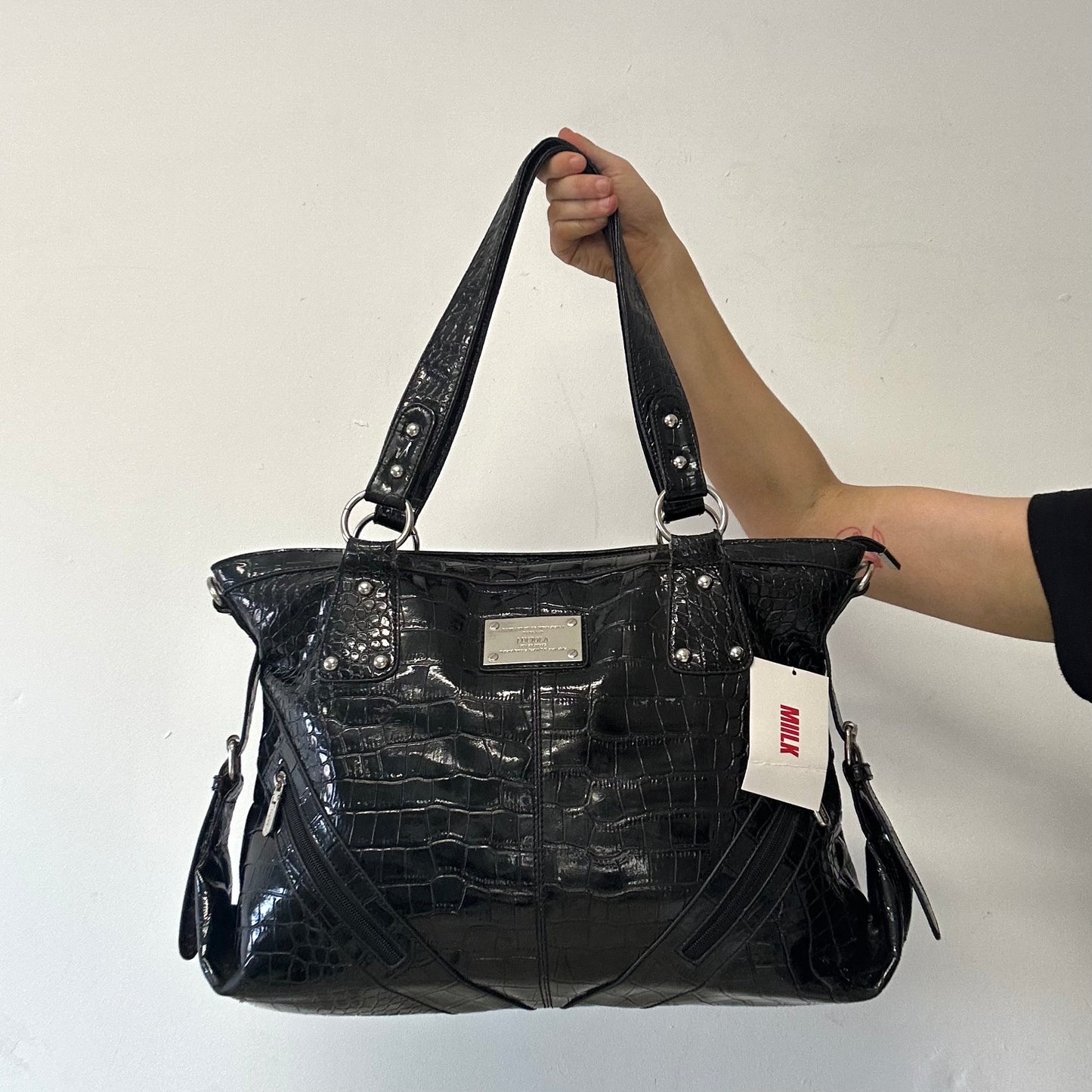 black double zip croc effect faux leather shoulder bag
