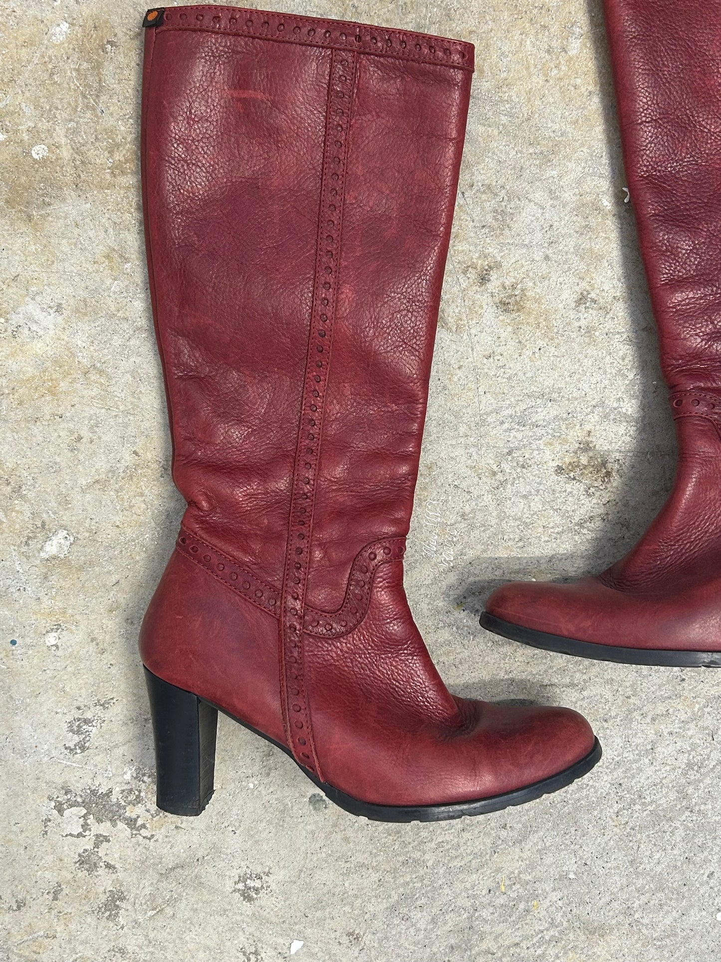 red genuine leather knee high heeled boots