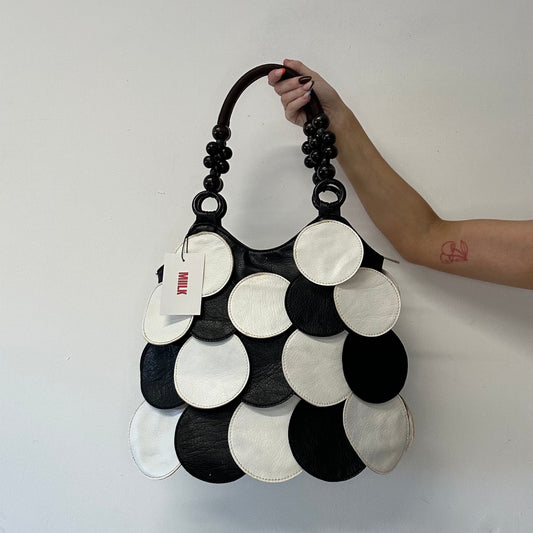 black and white faux leather disc beaded shoulder bag