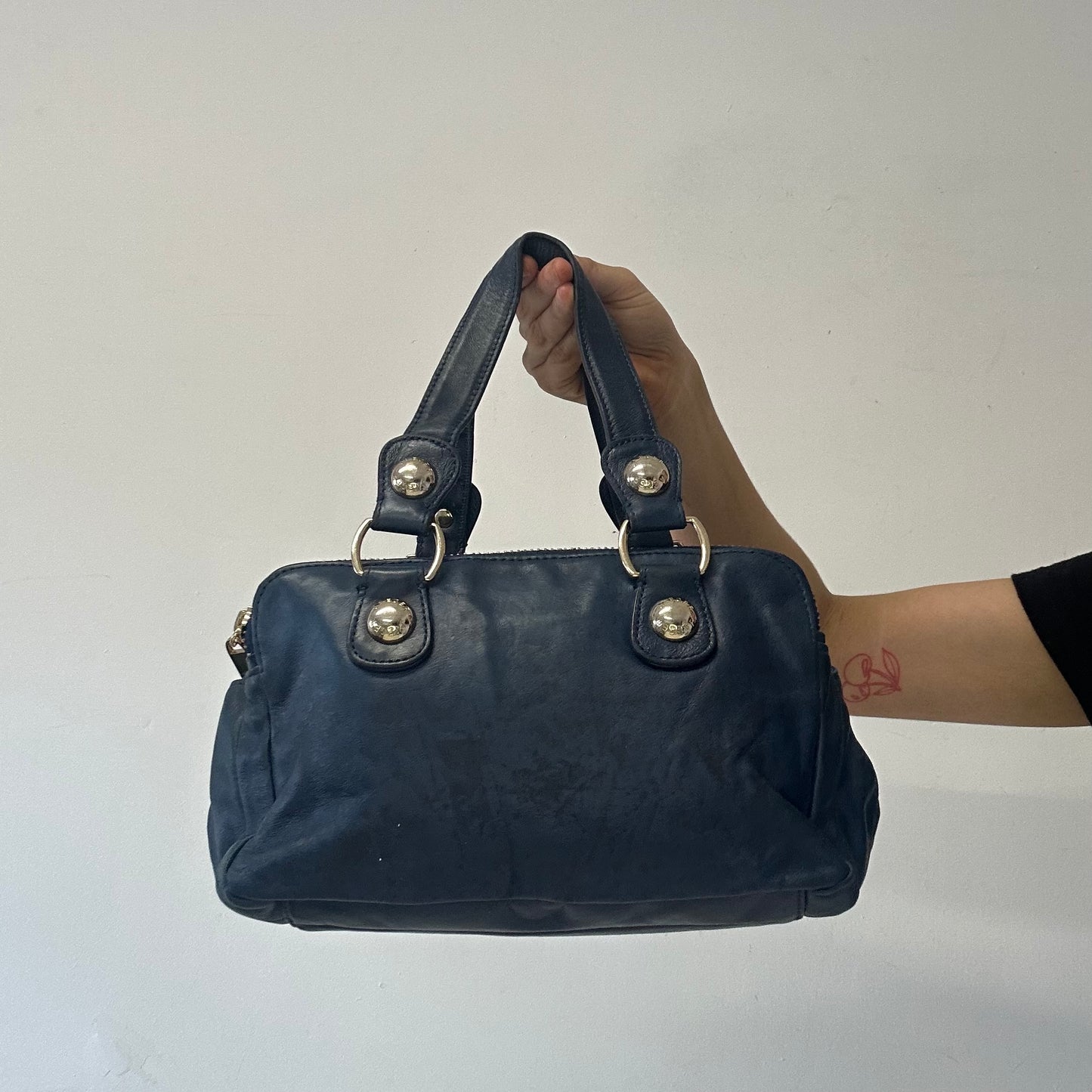 navy blue genuine leather triple compartment hand bag