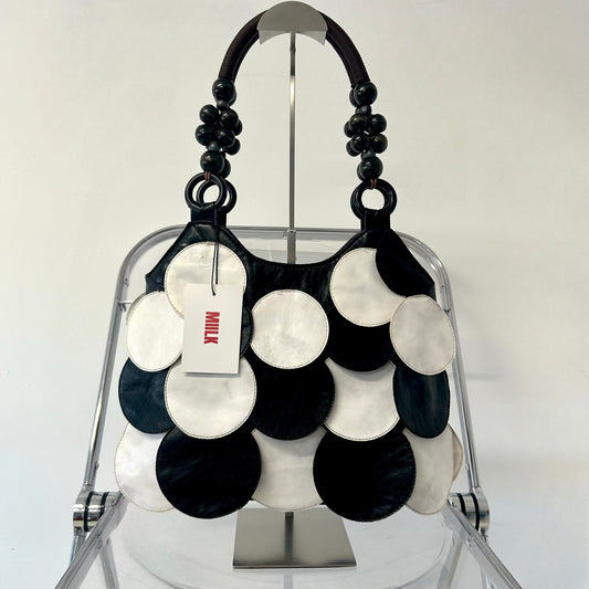 black and white faux leather disc beaded shoulder bag