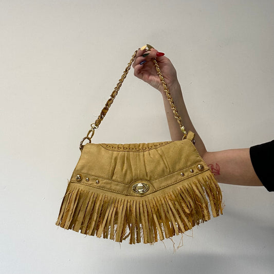 gold studded fringe suede feel shoulder bag