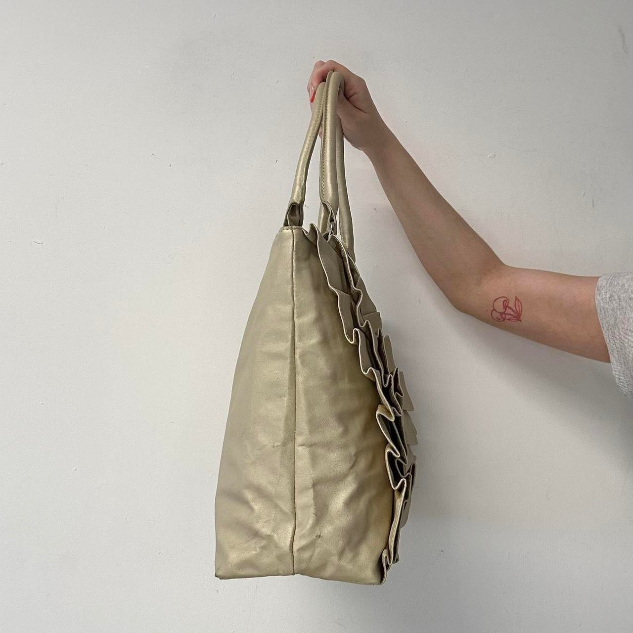 cream metallic pleated ruffled shoulder bag