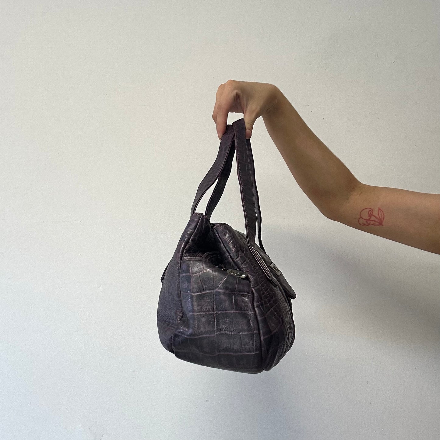 purple croc effect faux leather shoulder bag