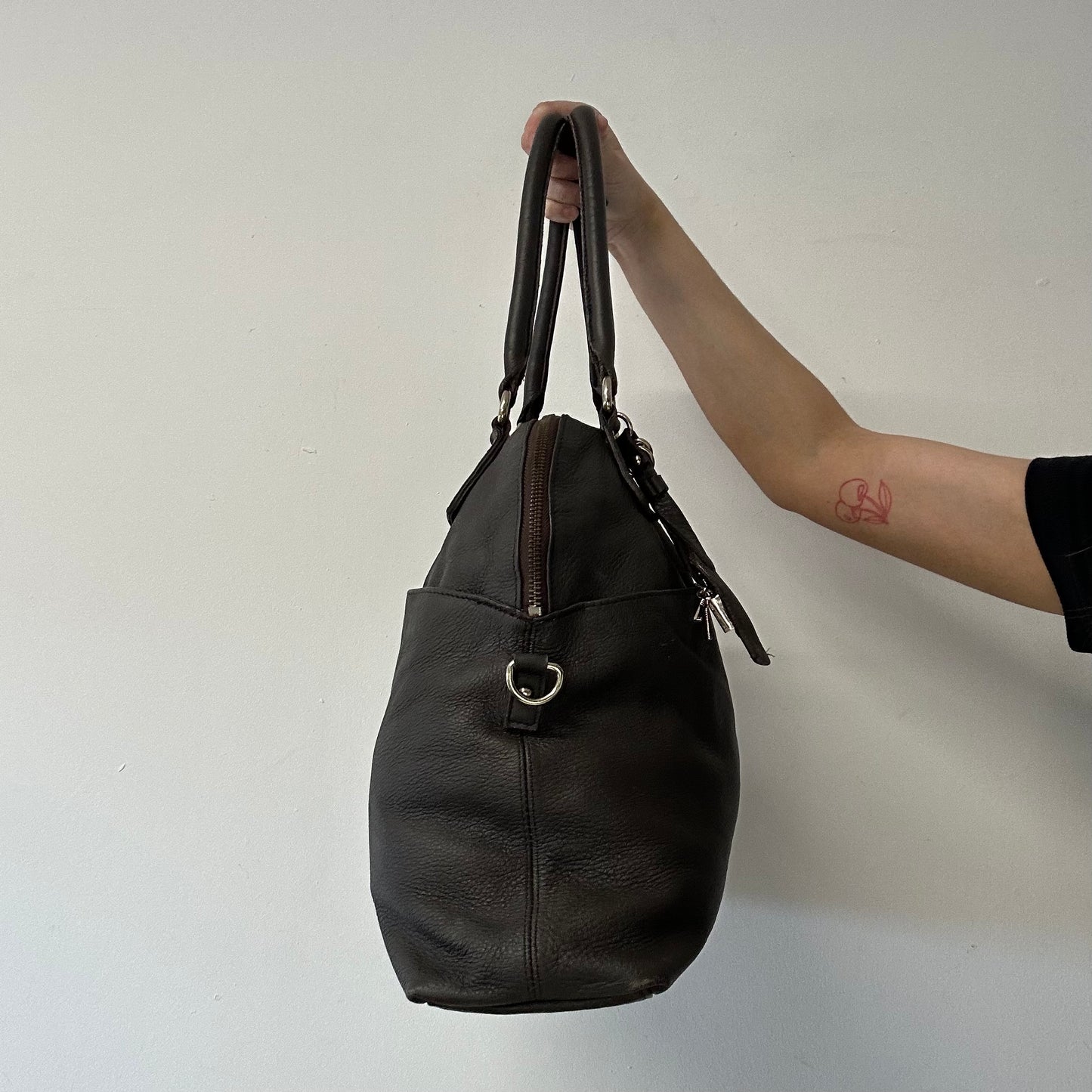 brown faux leather double pocket shoulder bag