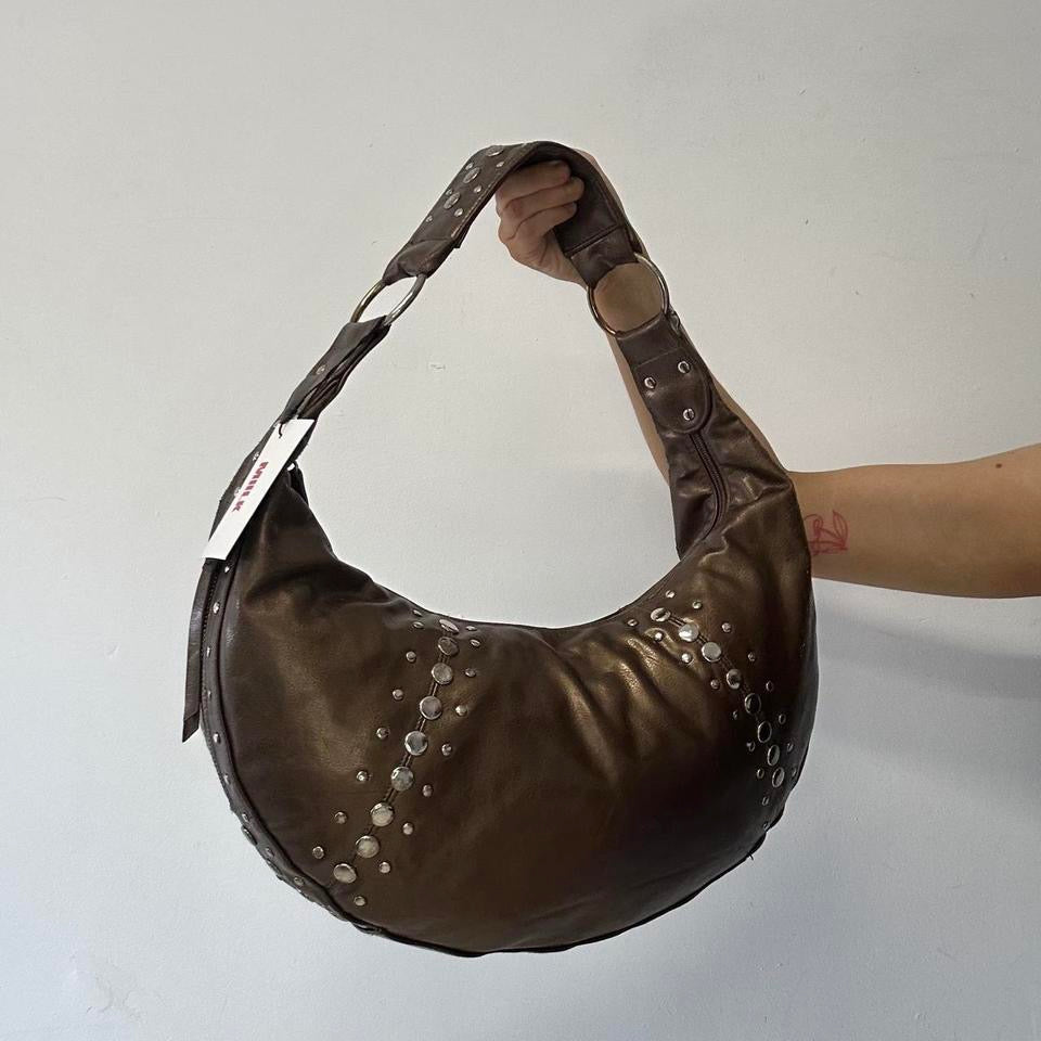 brown studded crescent faux leather shoulder bag