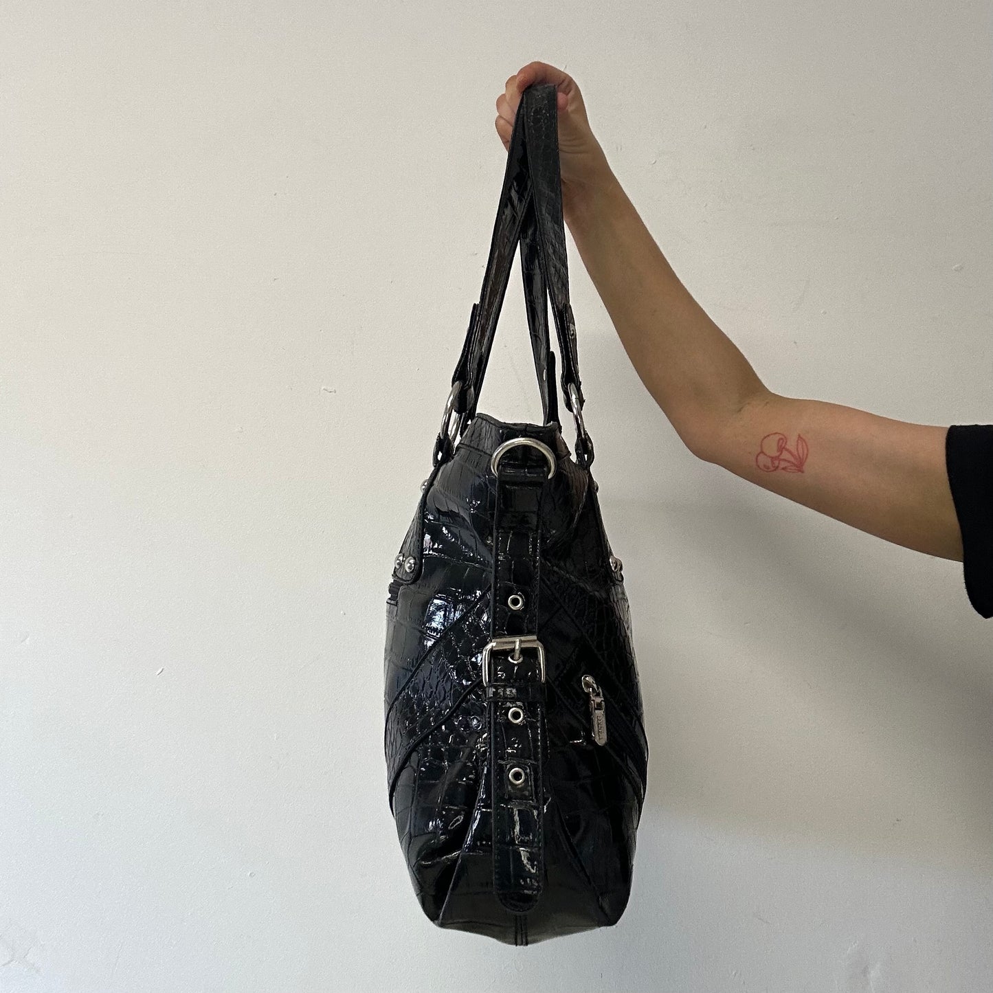 black double zip croc effect faux leather shoulder bag