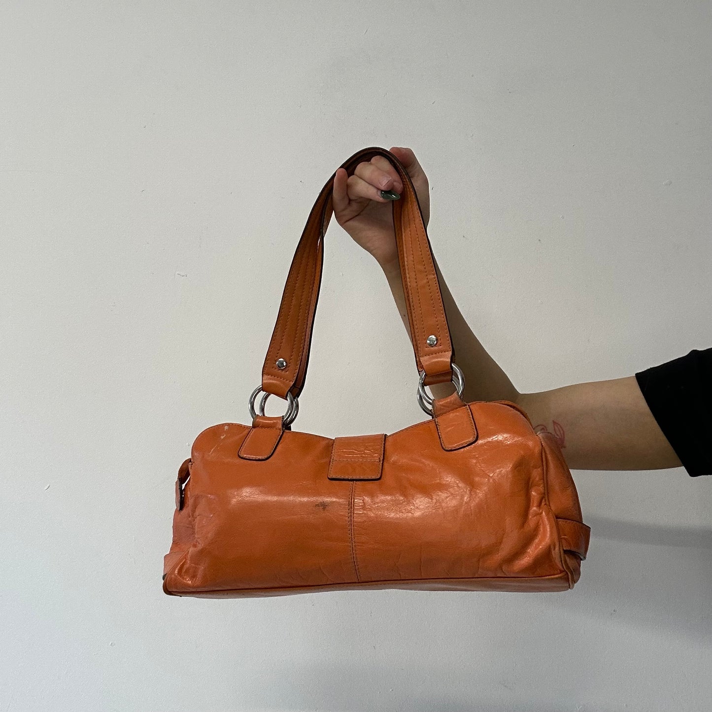 orange faux leather buckle shoulder bag