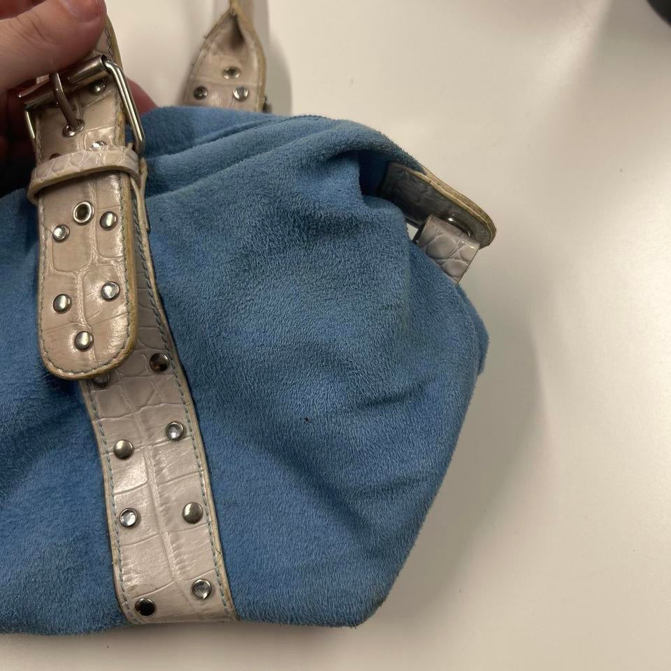 blue studded double buckle shoulder bag