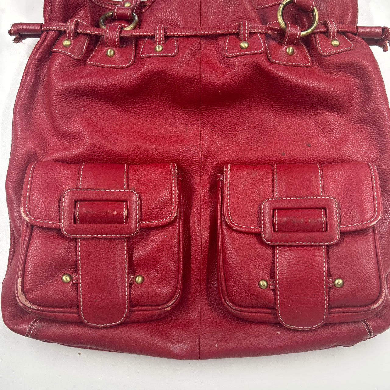 red genuine leather double pocket shoulder bag