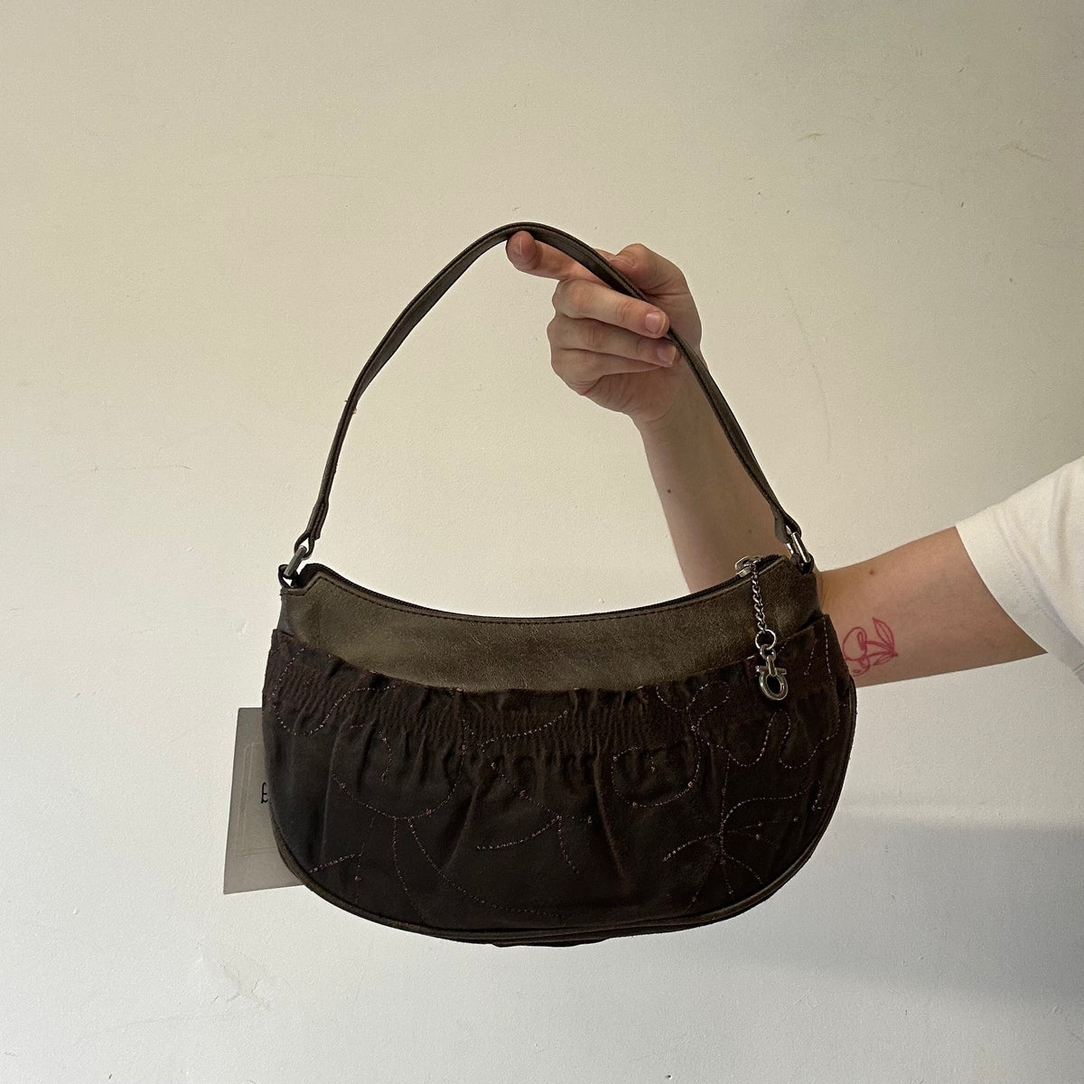 brown patterned faux leather shoulder bag