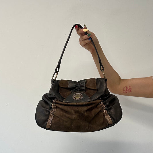 brown faux leather ruched shoulder bag