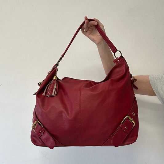 red double buckle faux leather shoulder bag