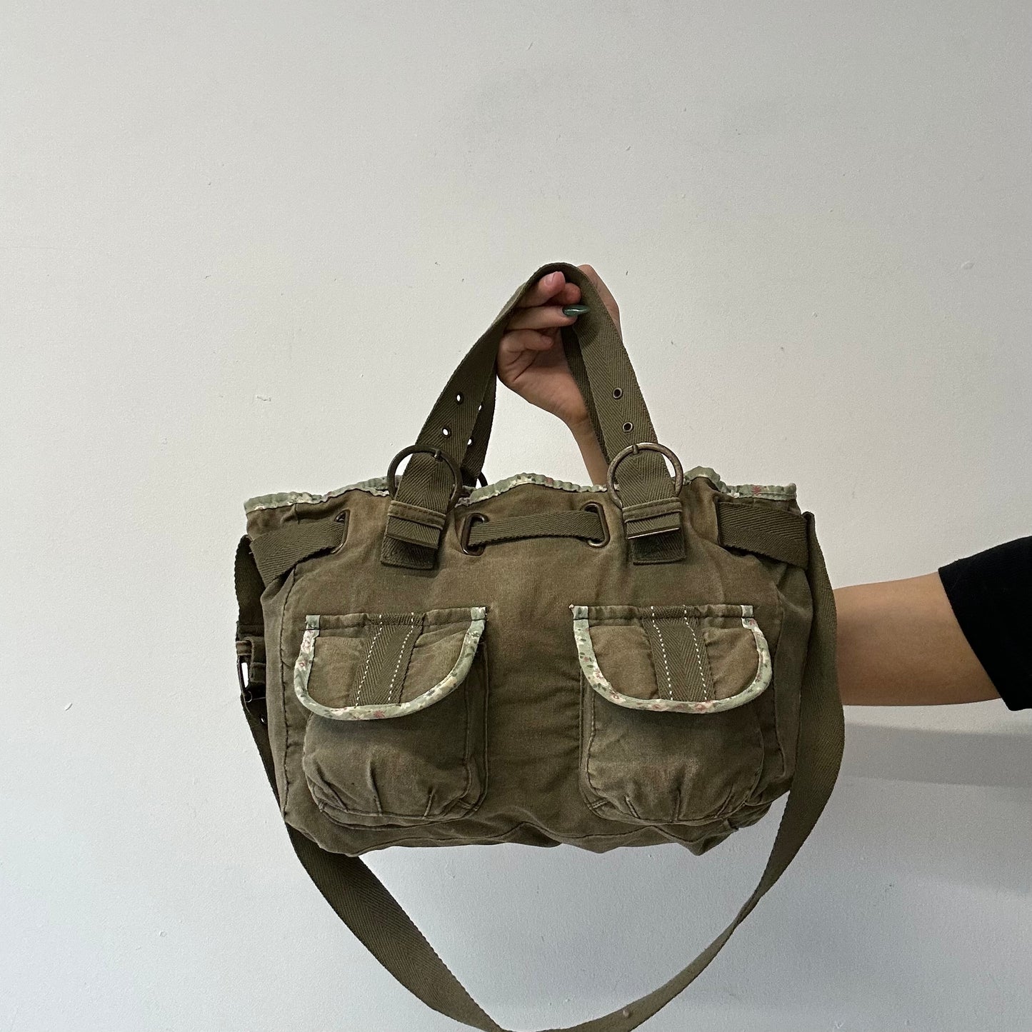 khaki and floral double pocket cargo shoulder bag