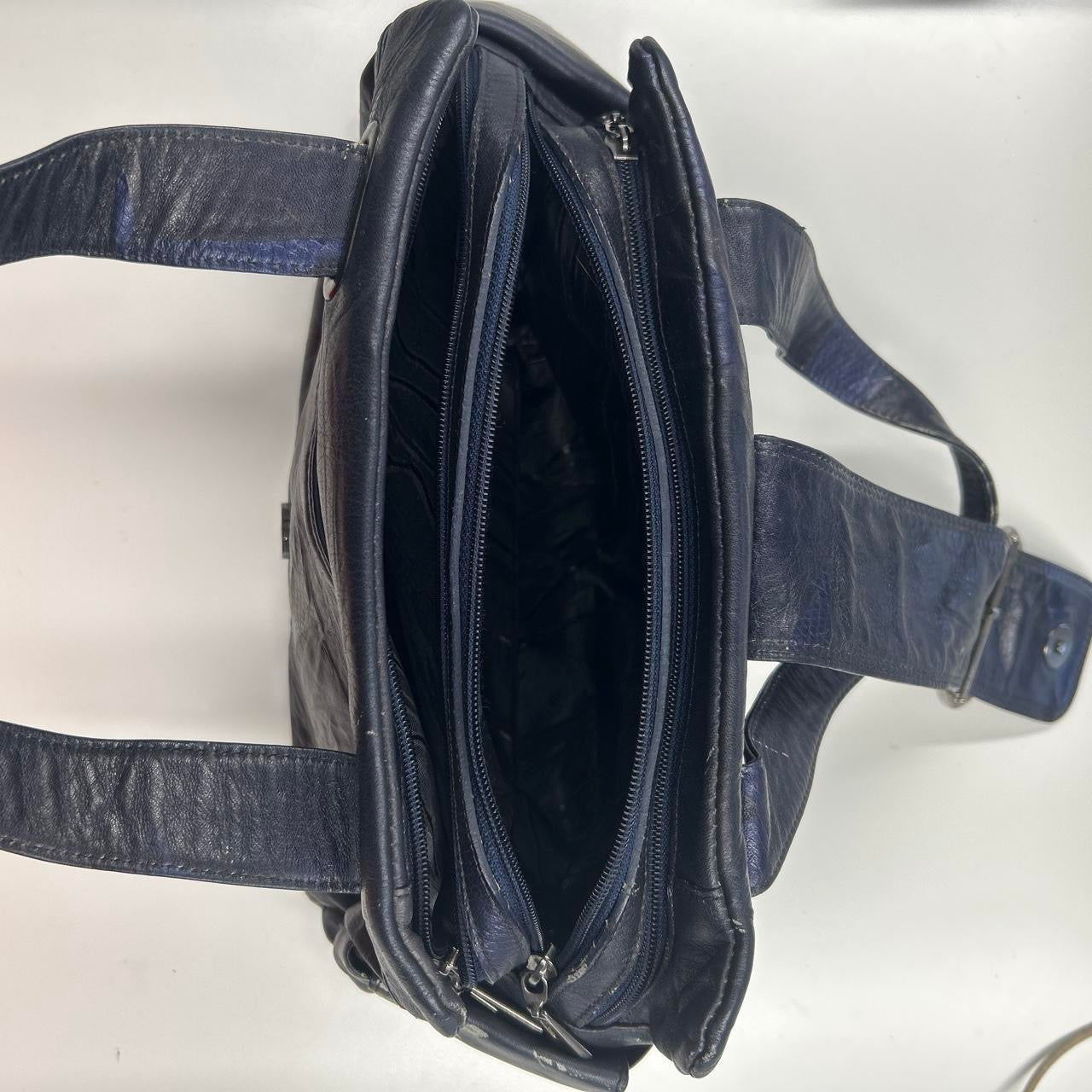 navy blue faux leather oversized buckle shoulder bag
