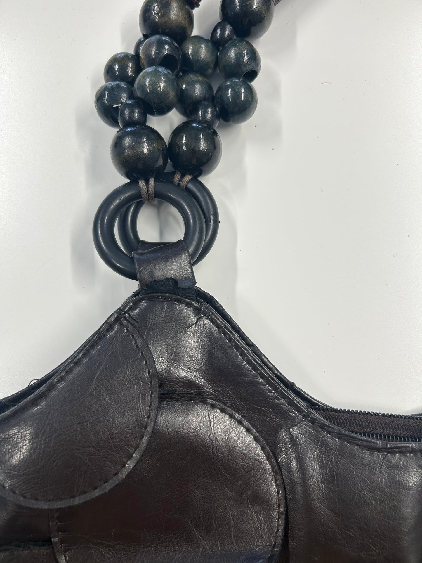 dark brown faux leather disc beaded shoulder bag