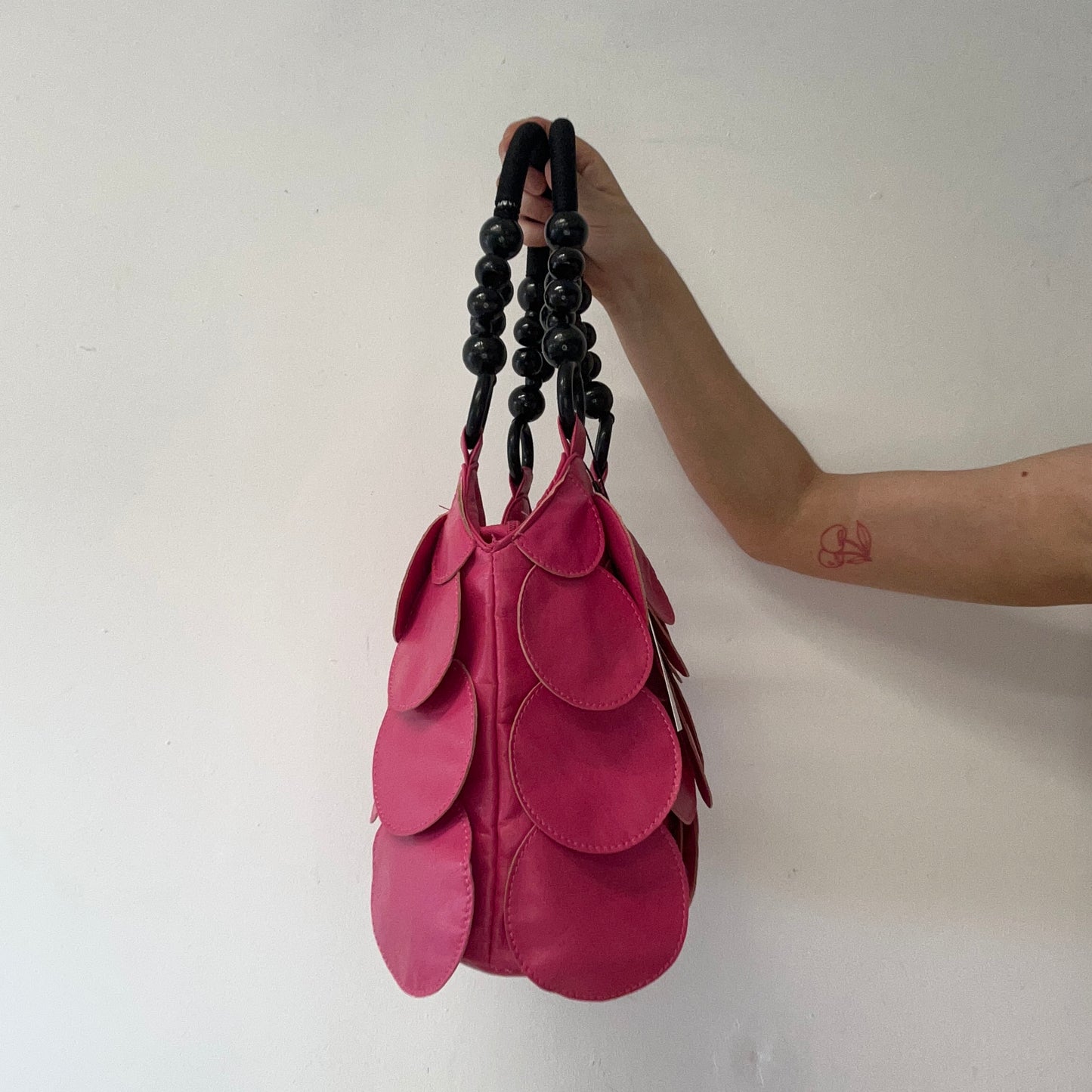 hot pink faux leather disc beaded shoulder bag