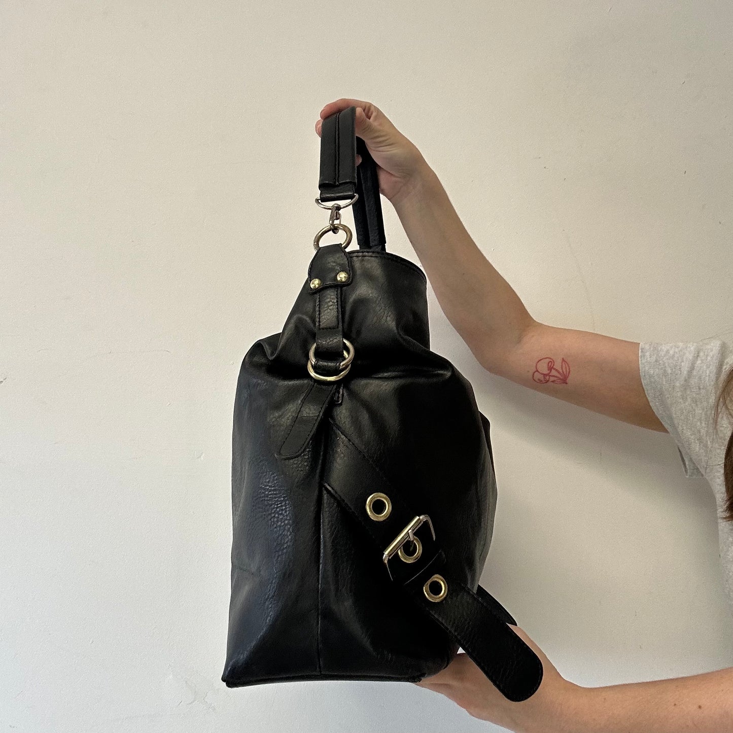 black double buckle faux leather shoulder bag