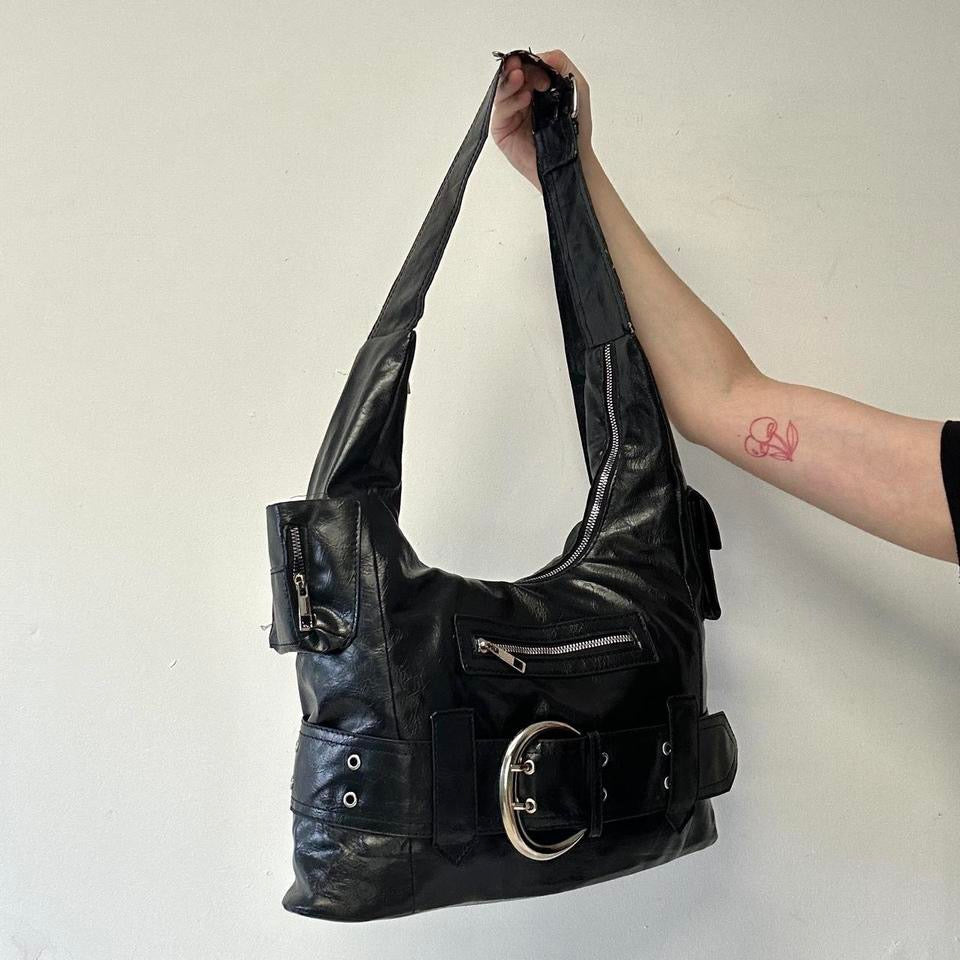 black faux leather oversized belt shoulder bag