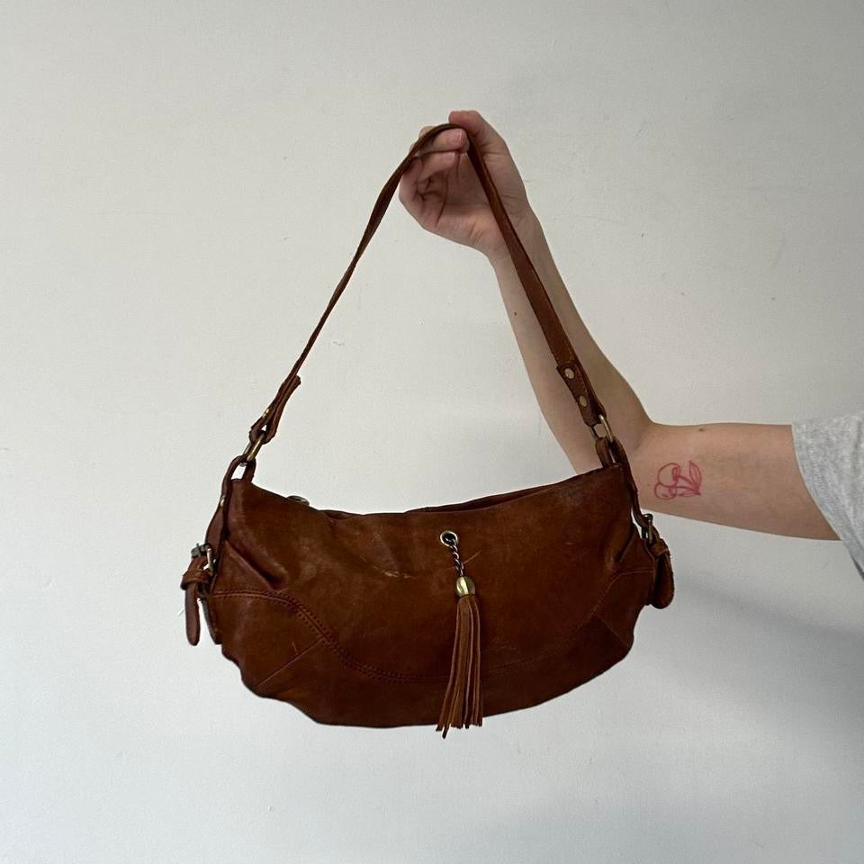 brown half crescent genuine leather shoulder bag