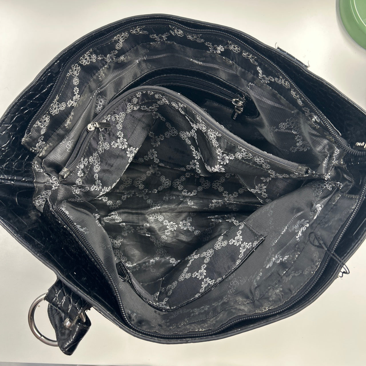 black double zip croc effect faux leather shoulder bag