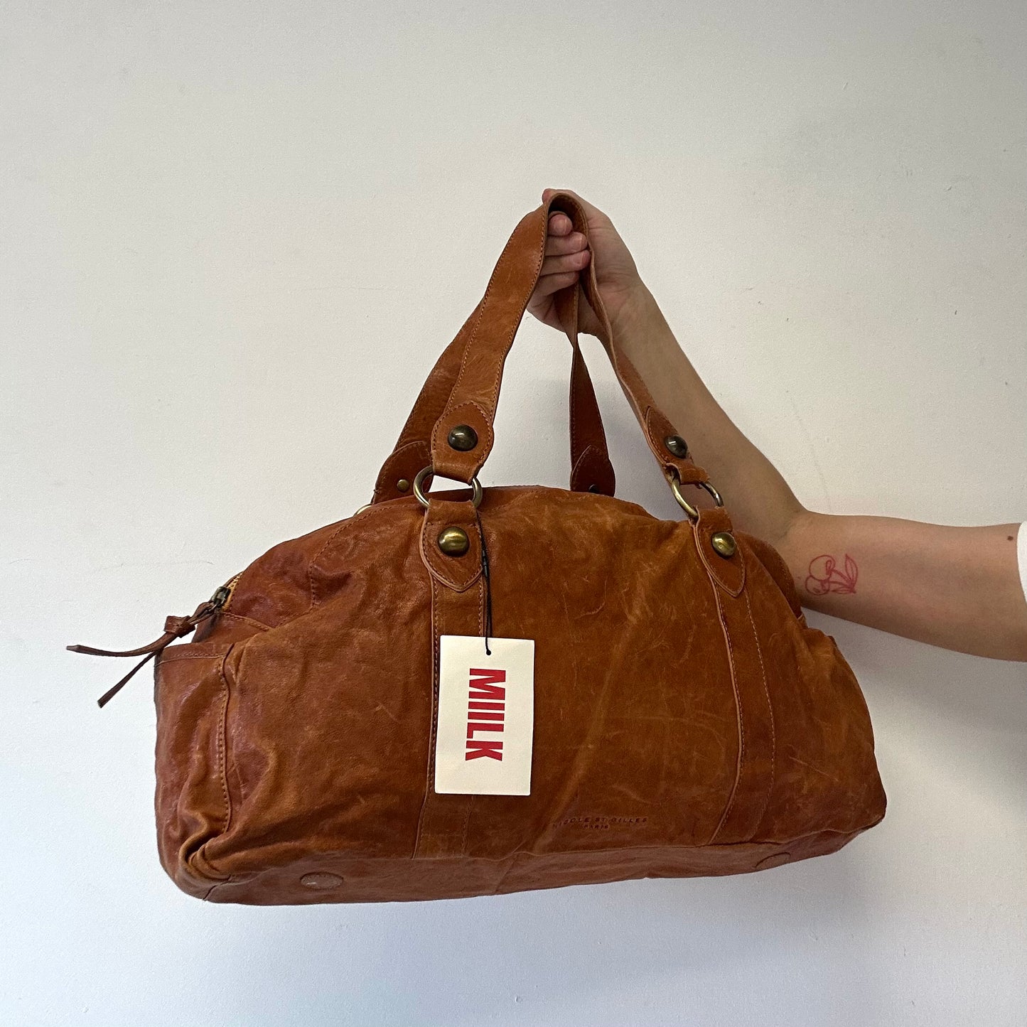 tanned brown large blue genuine leather shoulder bag