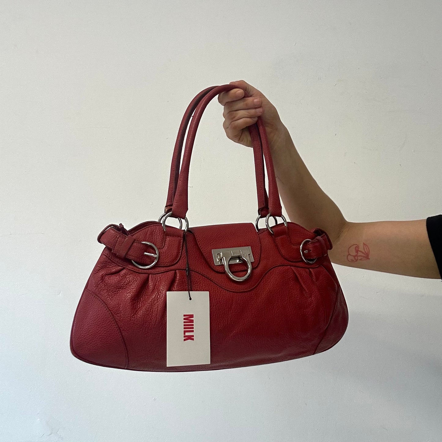 red genuine leather double buckle  shoulder bag