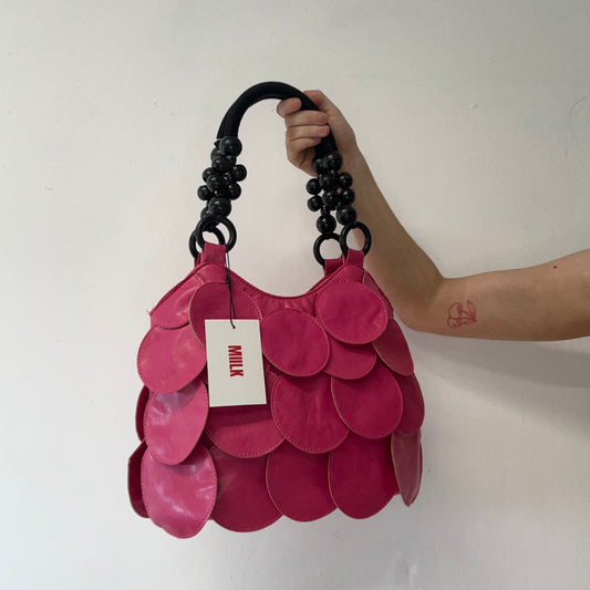 hot pink faux leather disc beaded shoulder bag