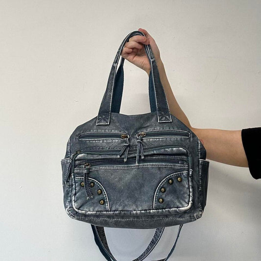 blue acid wash studded faux leather shoulder bag