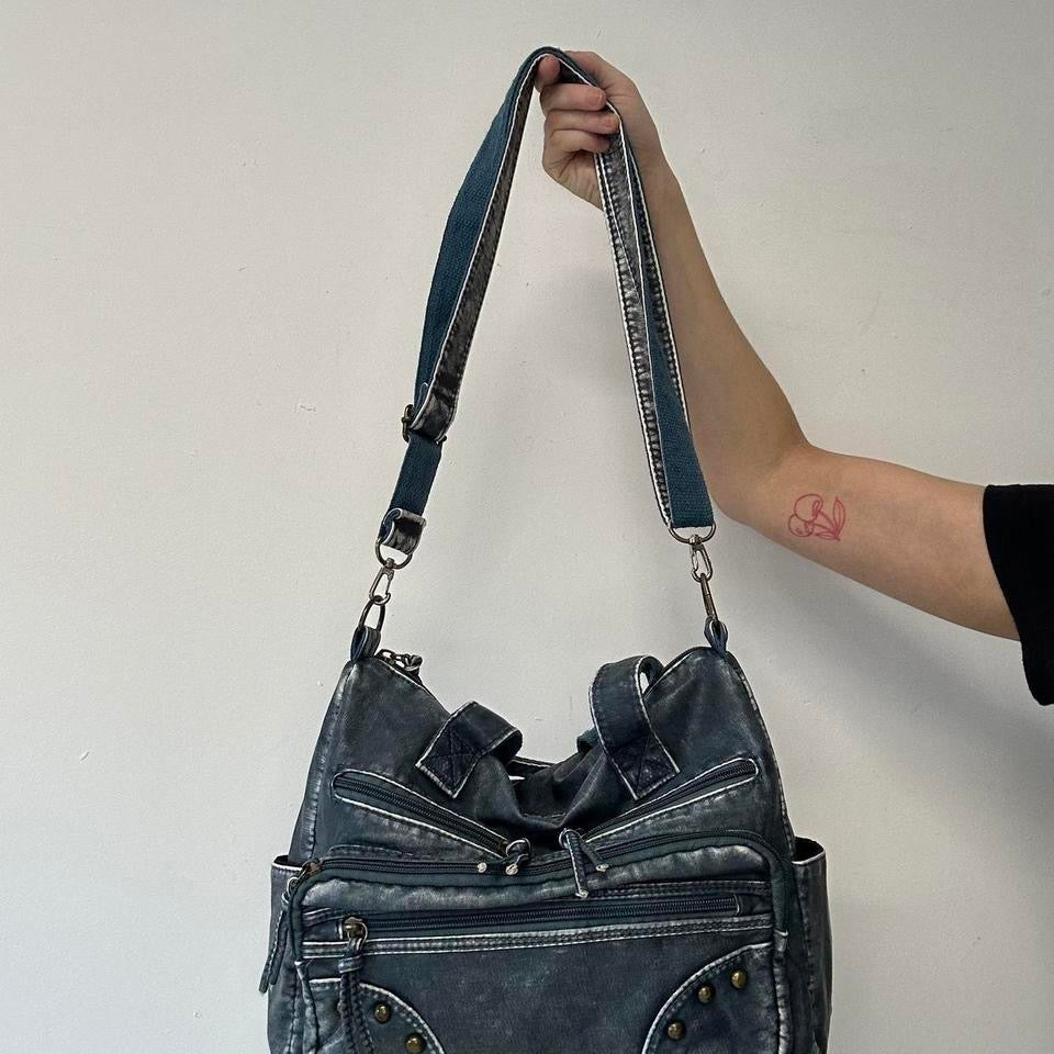blue acid wash studded faux leather shoulder bag