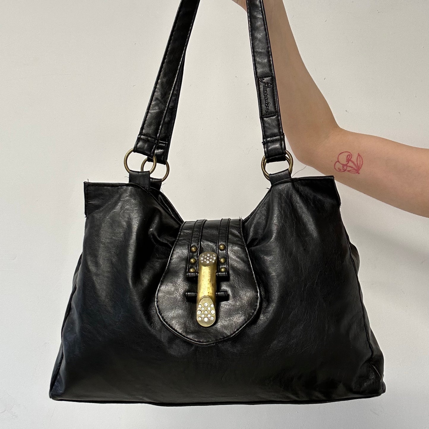 black faux leather studded buckle shoulder bag