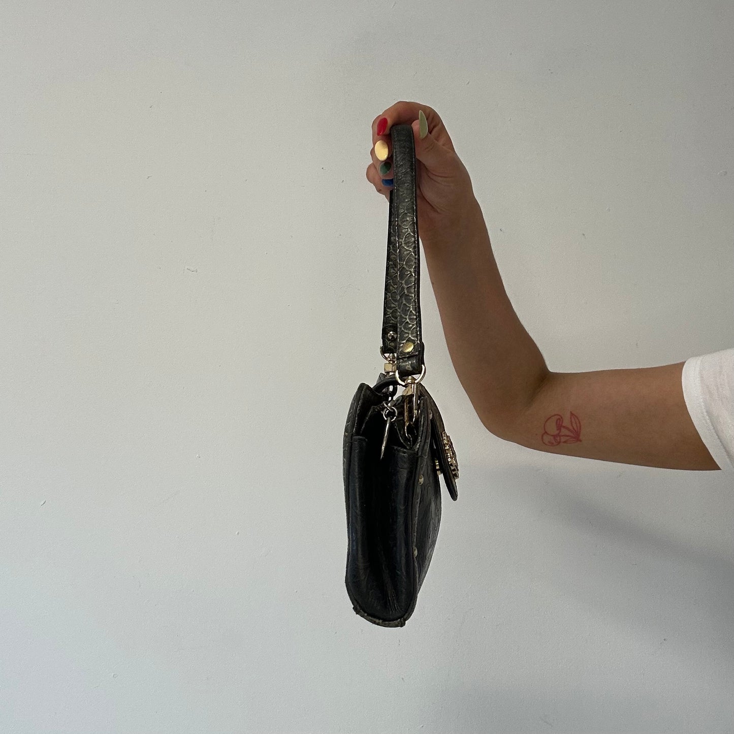 grey faux leather studded floral shoulder bag