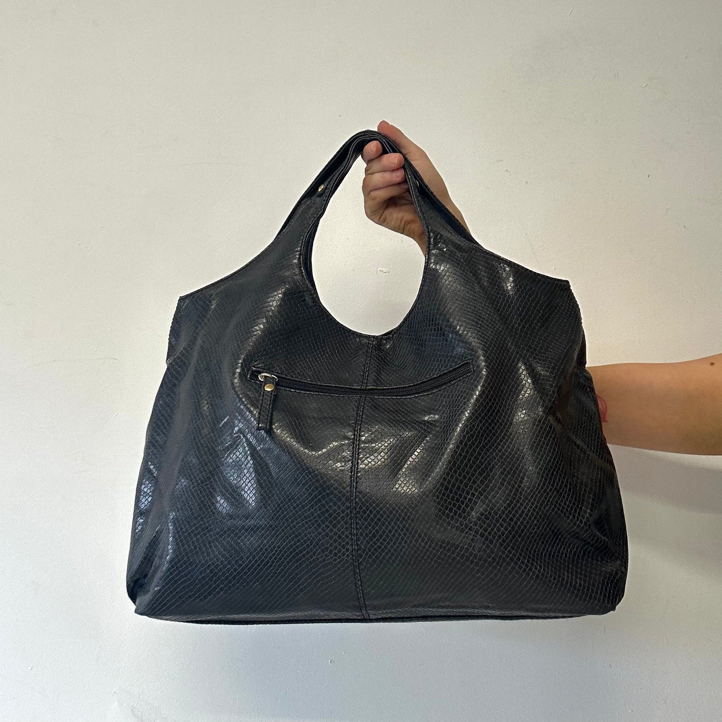 charcoal black faux leather croc effect shoulder bag