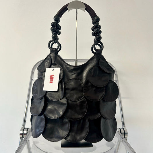 dark brown faux leather disc beaded shoulder bag