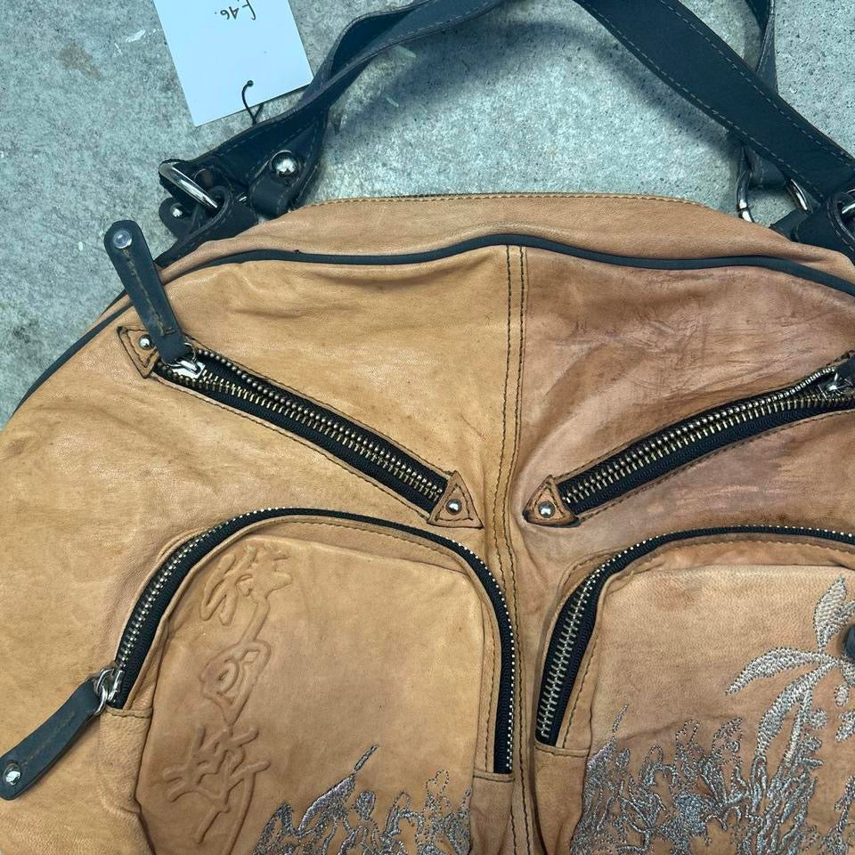 tanned sheepskin leather oriental double zip shoulder bag