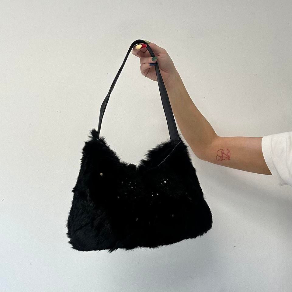 black faux fur studded floral shoulder bag