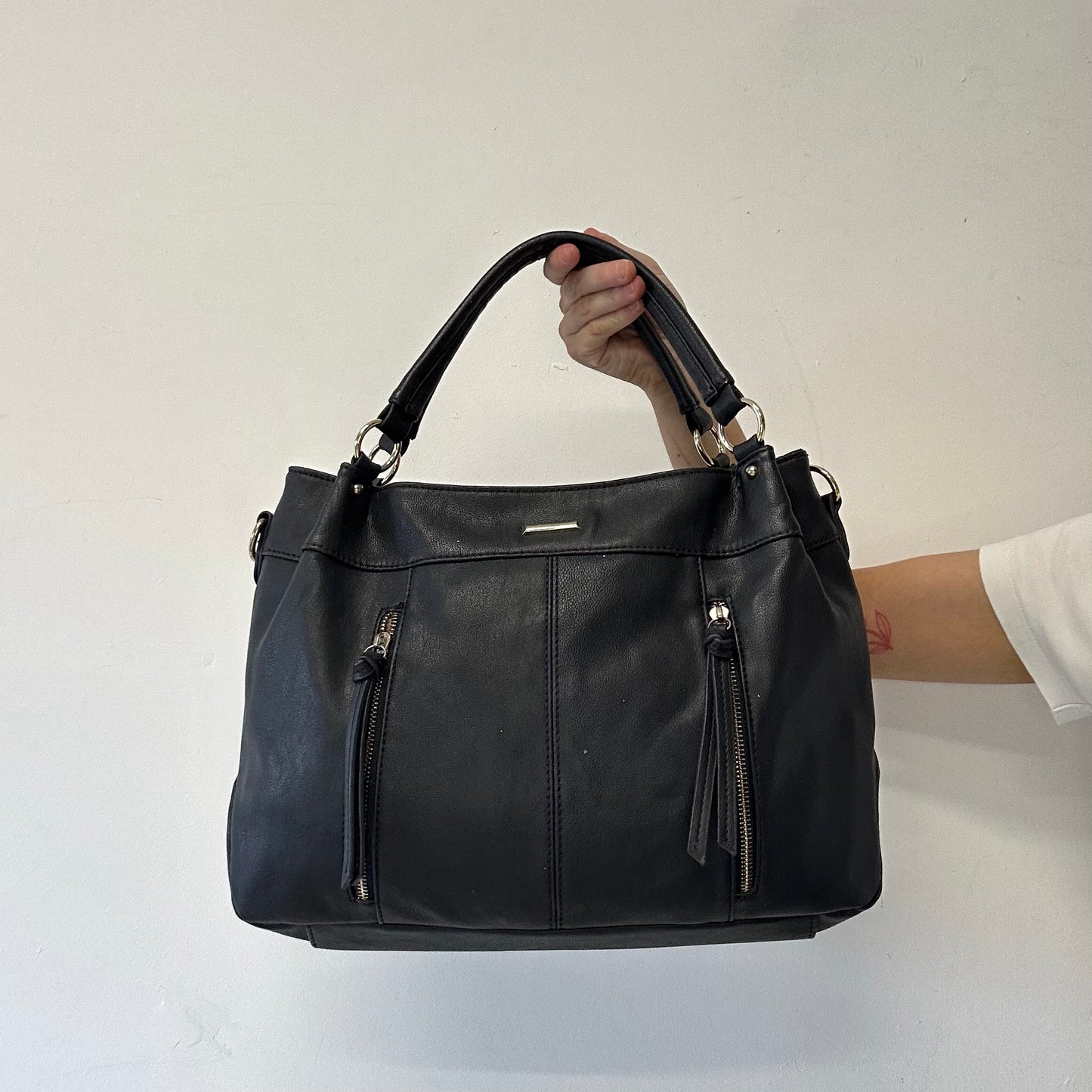 navy blue double zip faux leather shoulder bag