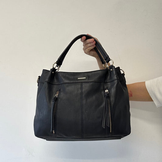 navy blue double zip faux leather shoulder bag