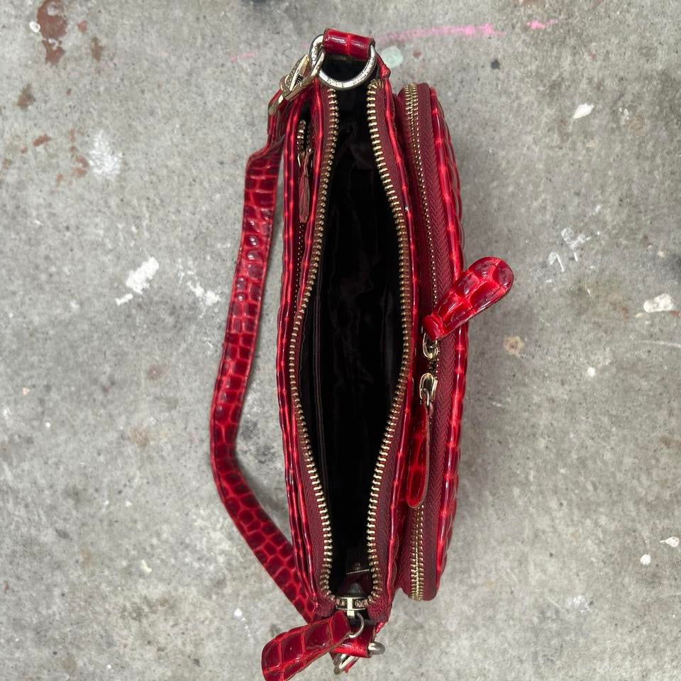 red faux leather studded croc effect shoulder bag
