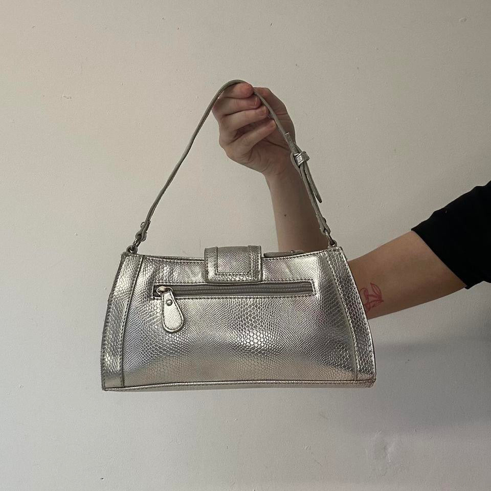 silver faux leather croc effect shoulder bag