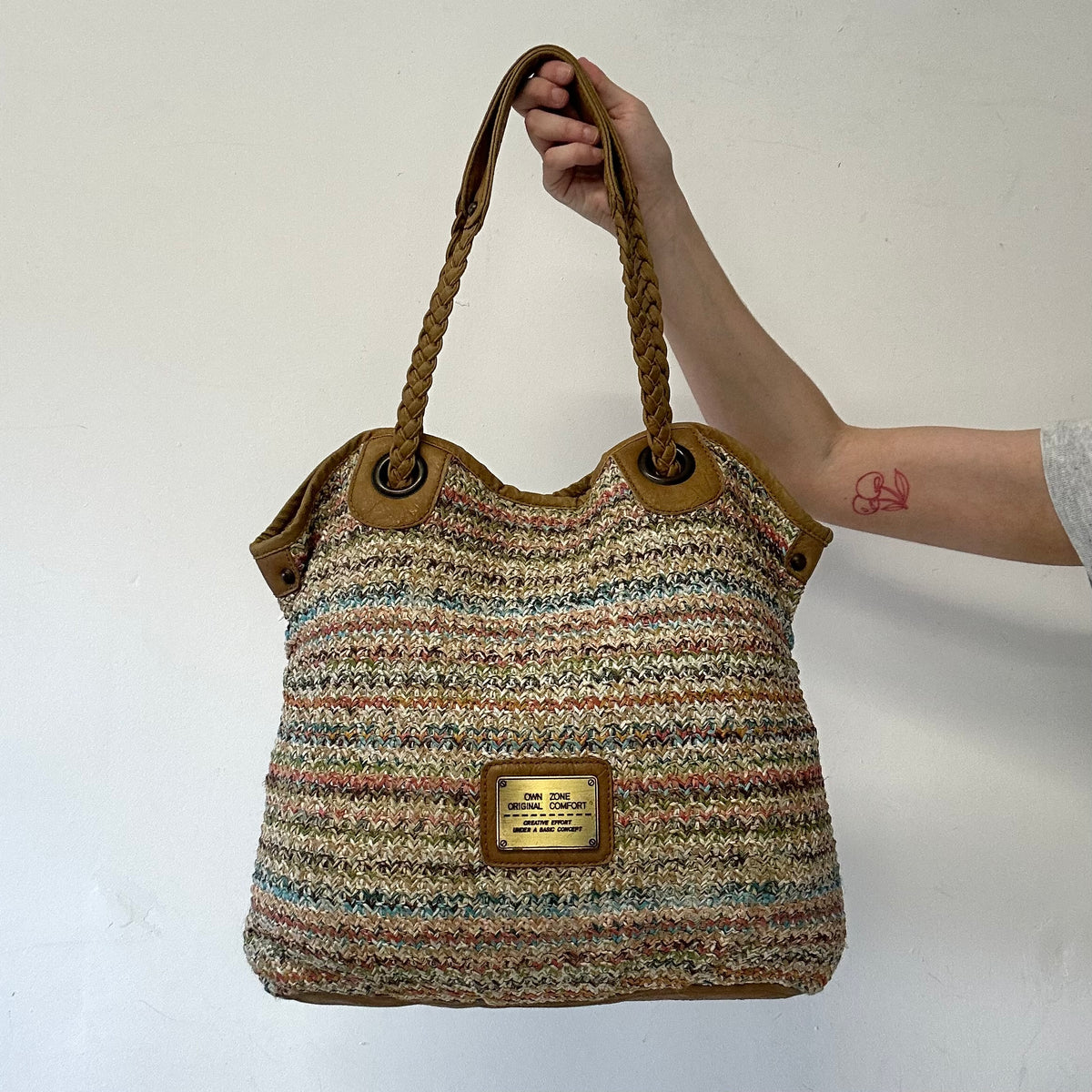 multicoloured woven beach shoulder bag