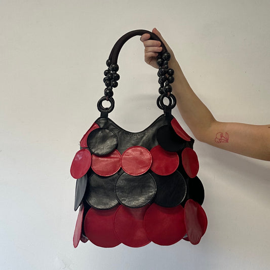 black and red faux leather disc beaded shoulder bag