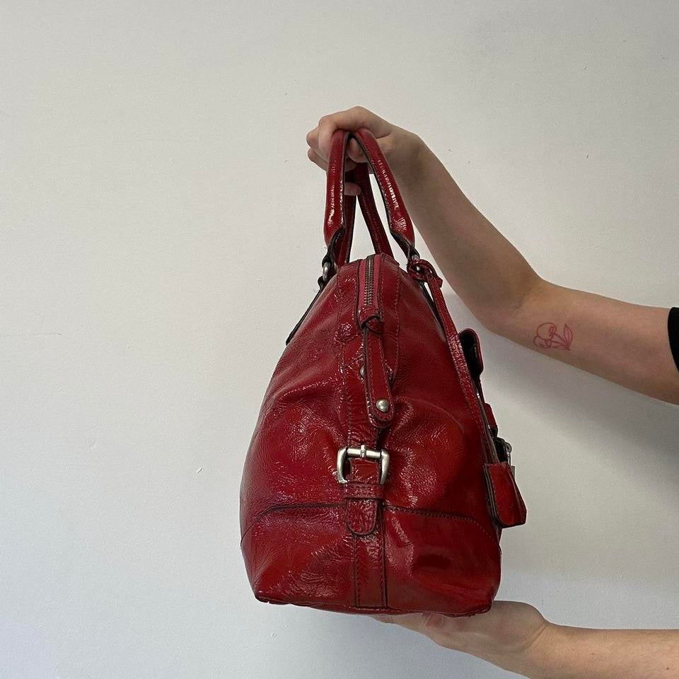 red faux leather padlock buckle shoulder bag