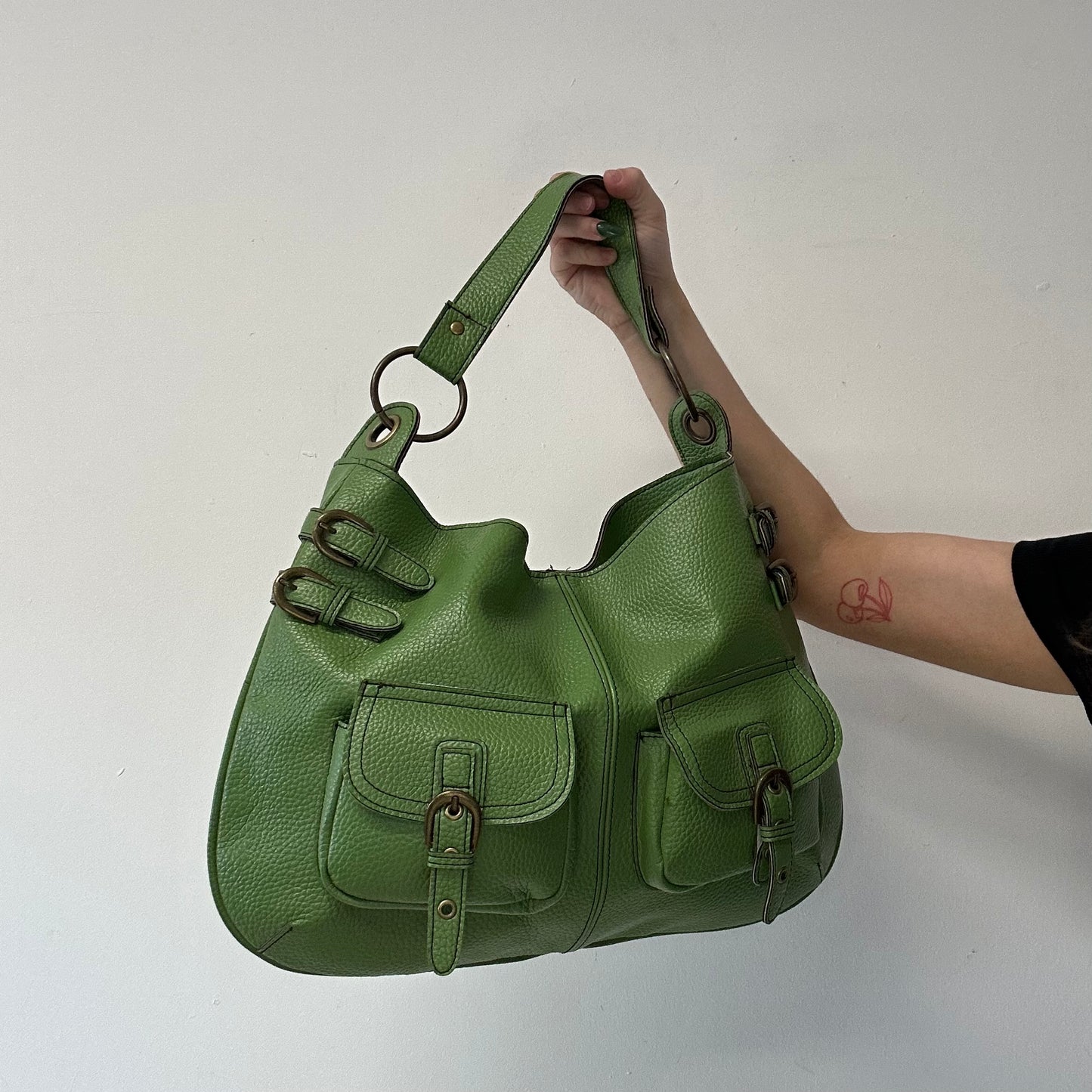green double buckle faux leather shoulder bag