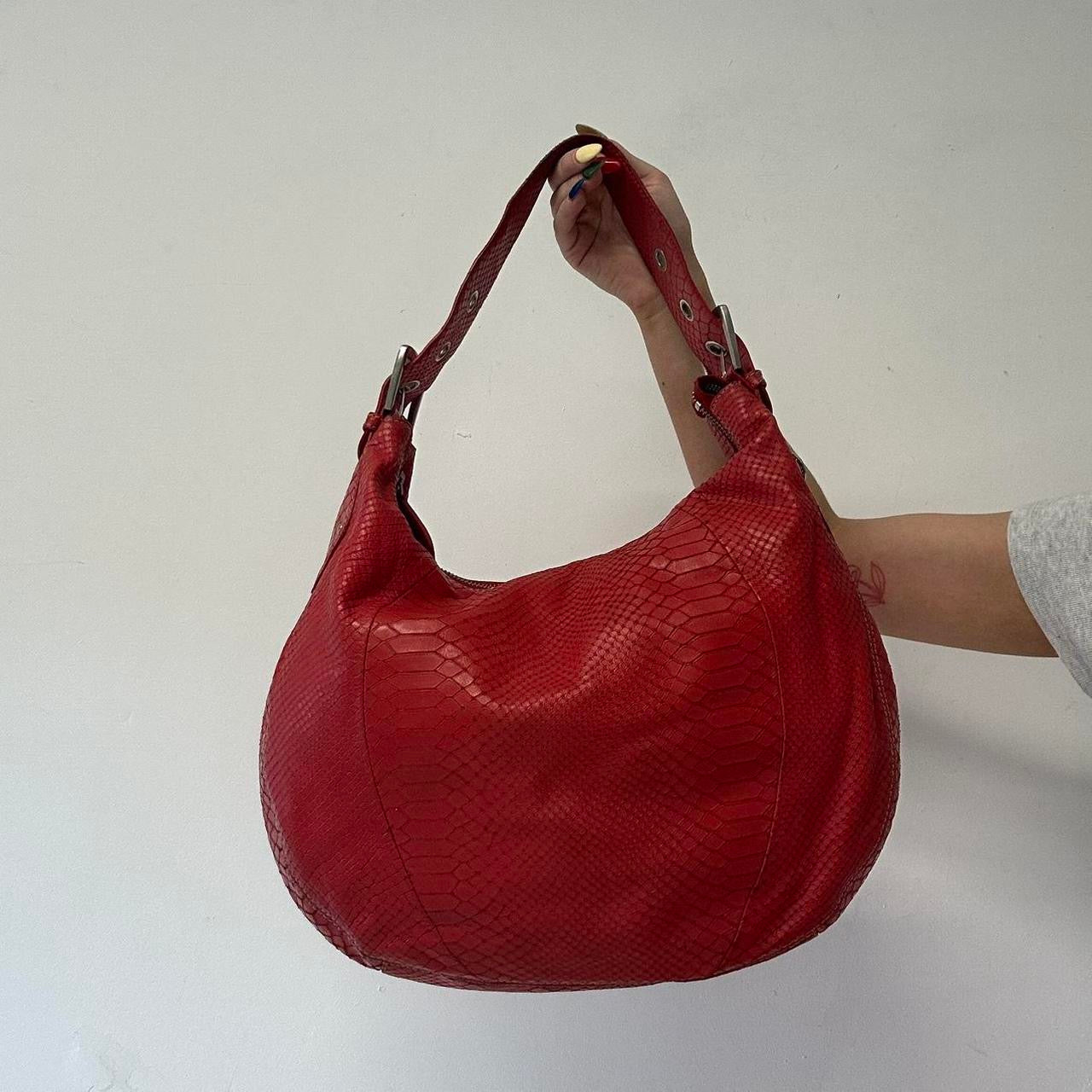 red leather croc effect buckle shoulder bag