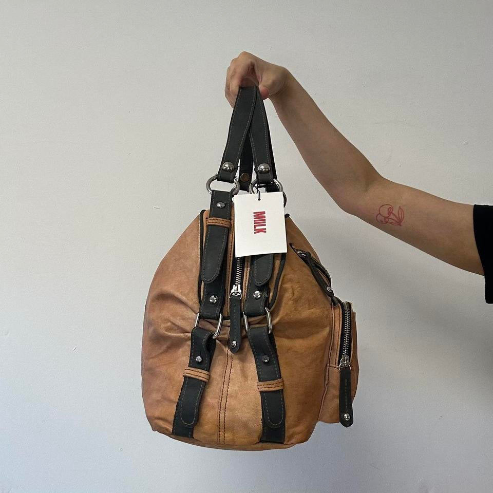 tanned sheepskin leather oriental double zip shoulder bag