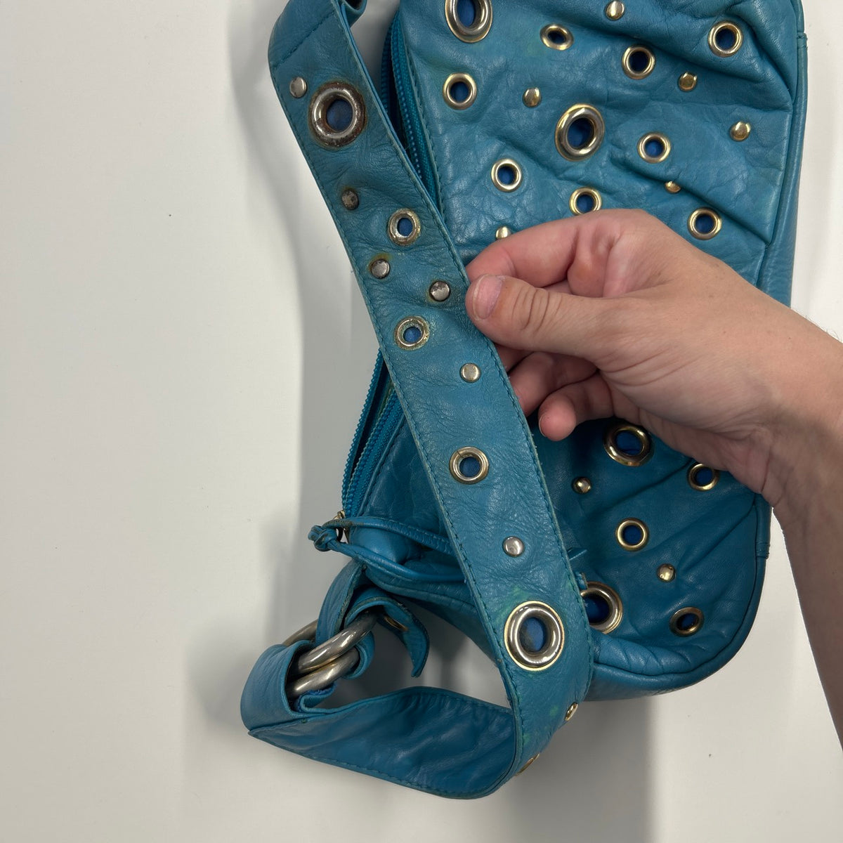blue genuine leather eyelet shoulder bag