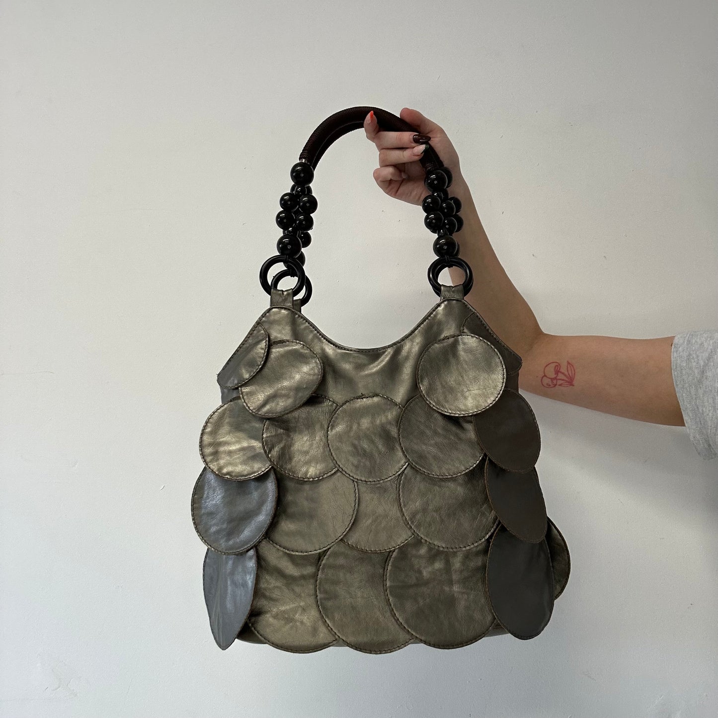 grey metallic faux leather disc beaded shoulder bag