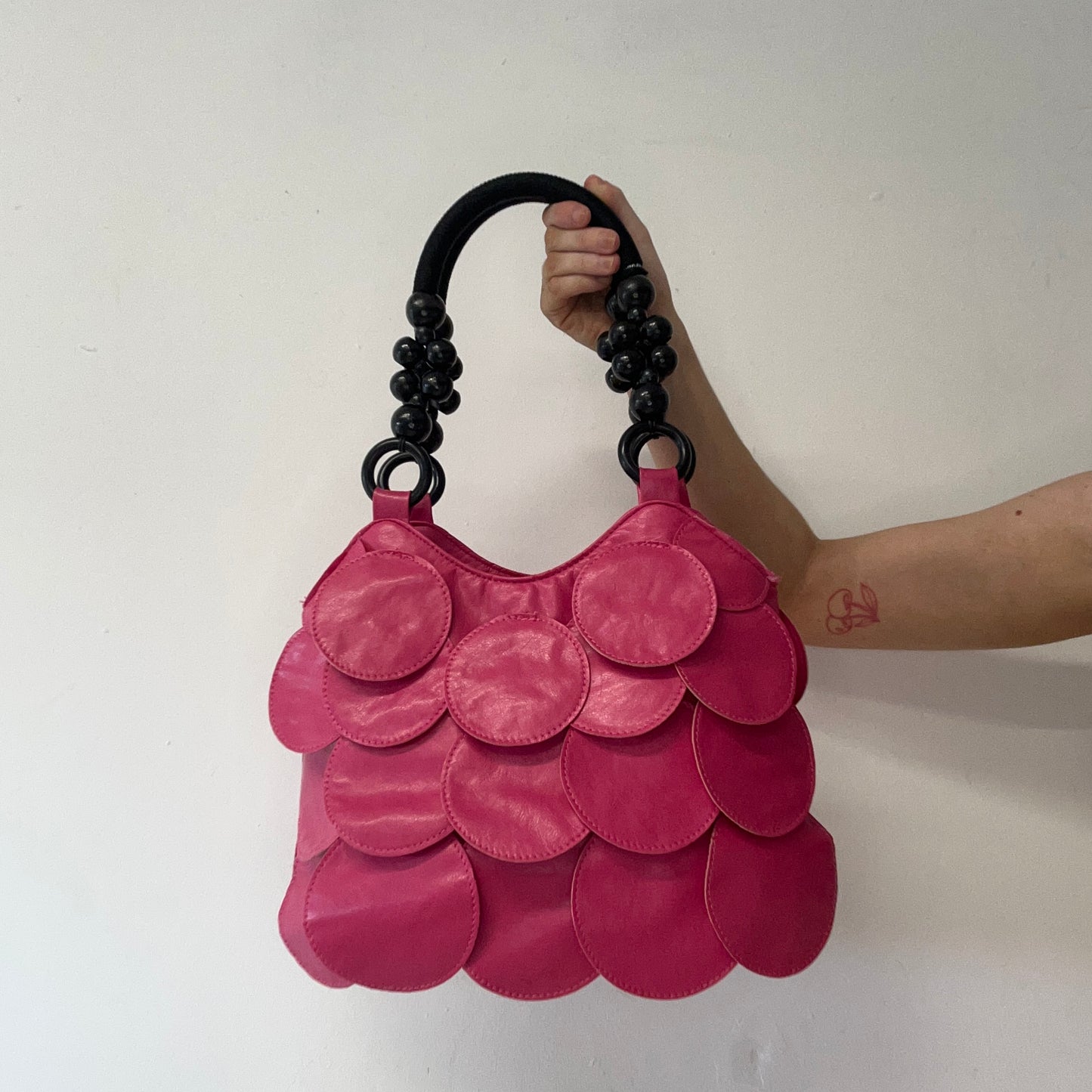 hot pink faux leather disc beaded shoulder bag